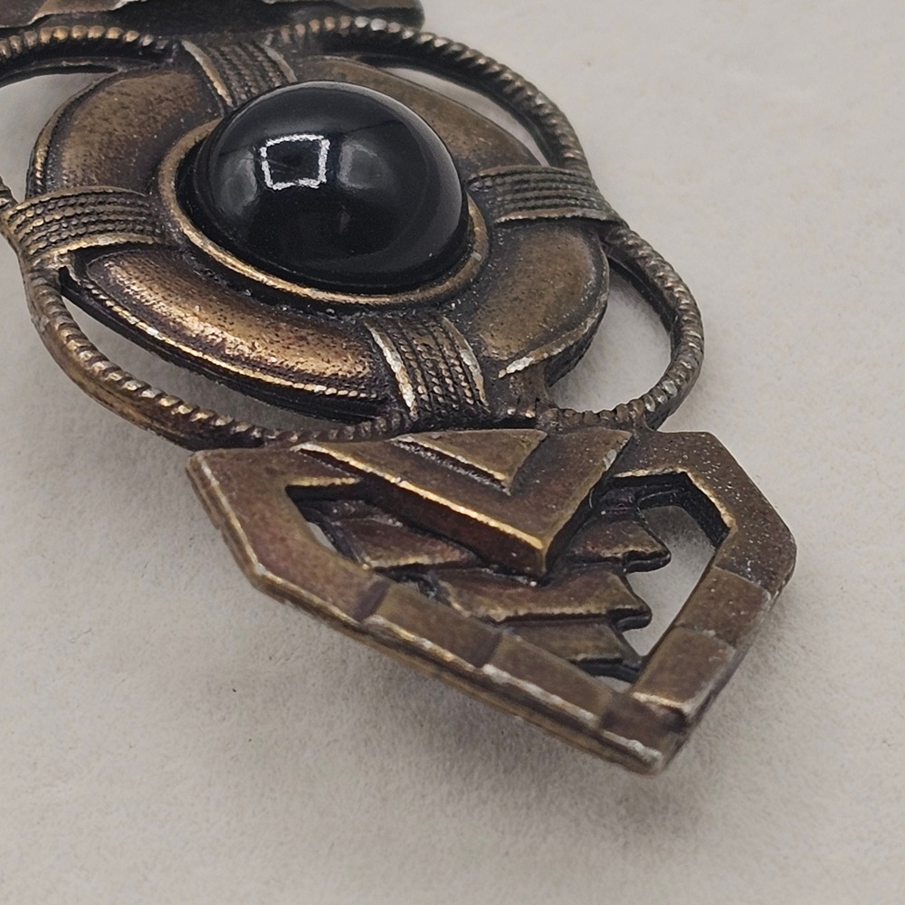 Art Deco Style Brooch Glass Cabochon Black Bronze Tone 2.75" Pin Geometric - Picture 8 of 9